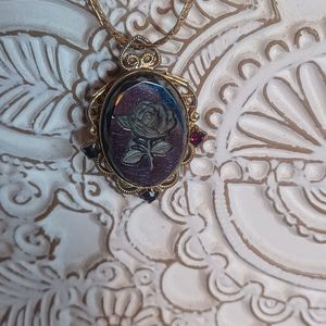 Black Rose Pendent Gold Tone 18 Inch Chain With Clip On Earrings